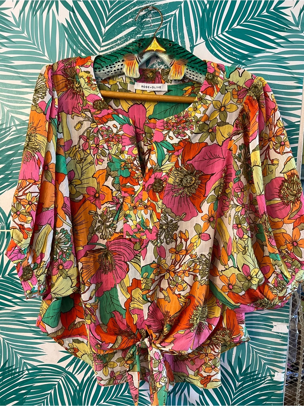 Rose & Olive Floral Tie-Front Blouse in Pink, Orange & Green